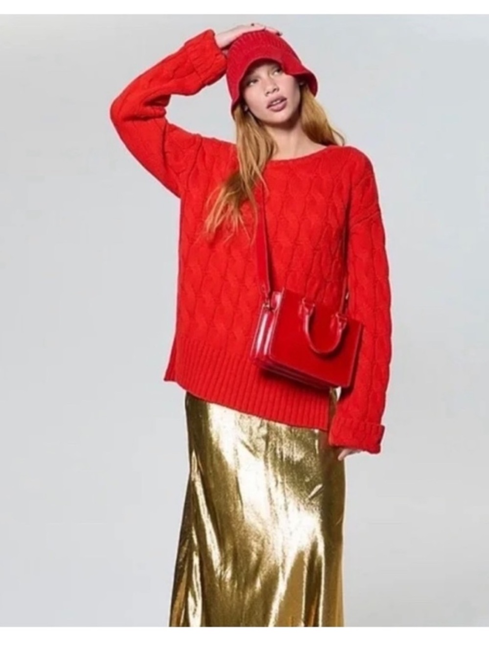 J. Crew Cotton cable-knit side-slit crewneck sweater chunky Size S/M Red